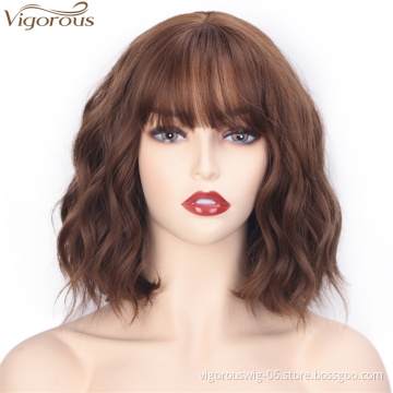 Vigorous 14 Inches Short Wavy Synthetic Bob Wigs With Bangs Light Auburn Color Natural Looking Heat Resistant Fiber Cosplay Wig